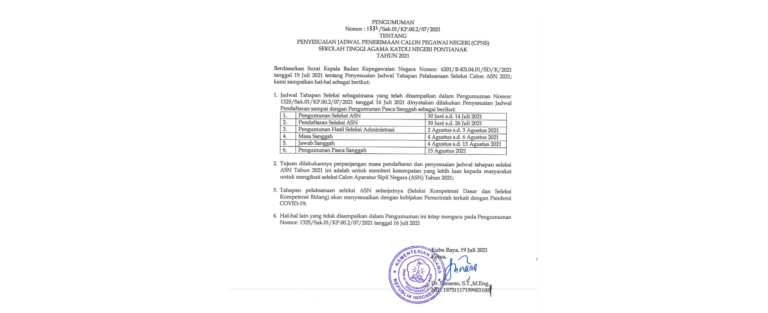 Penyesuaian Jadwal Penerimaan CPNS Sekolah Tinggi Agama Katolik Negeri Pontianak Tahun 2021